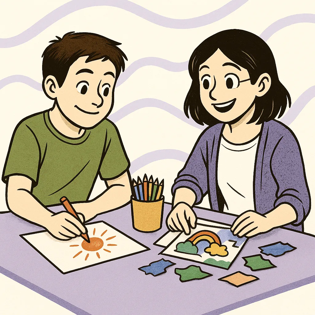 Ilustración de un adolescente dibujando junto a la psicóloga, arteterapia