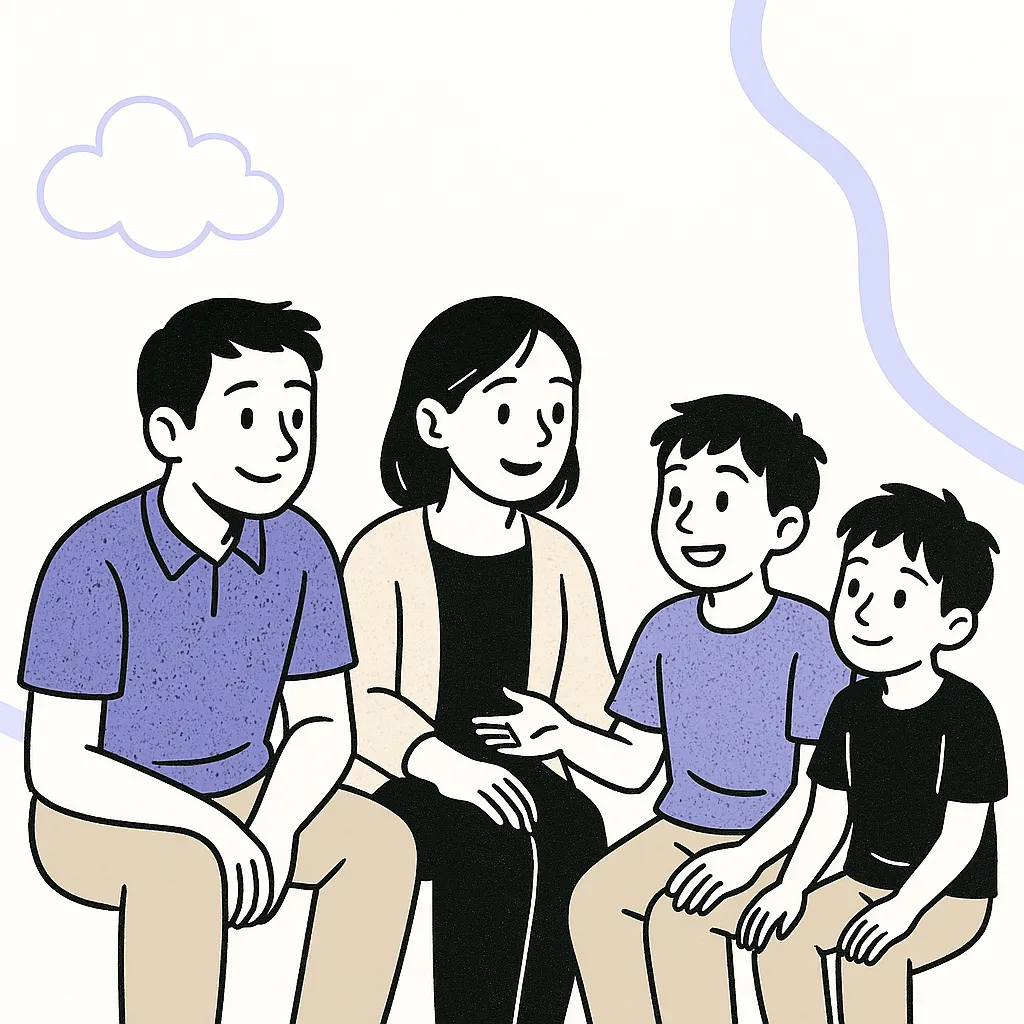 Ilustración de una familia conversando junta, psicoeducación para padres