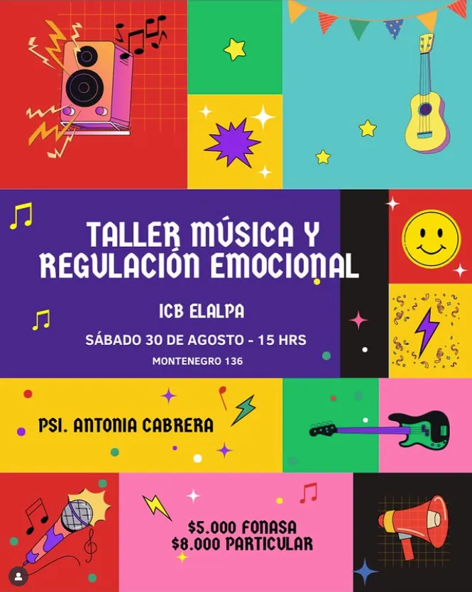 Afiche del taller Música y regulación emocional con la psicóloga Antonia Cabrera